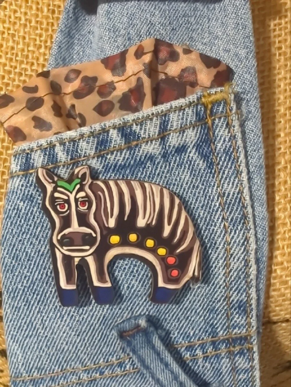 Denim Animal Pin & Tassel Tie- Blue